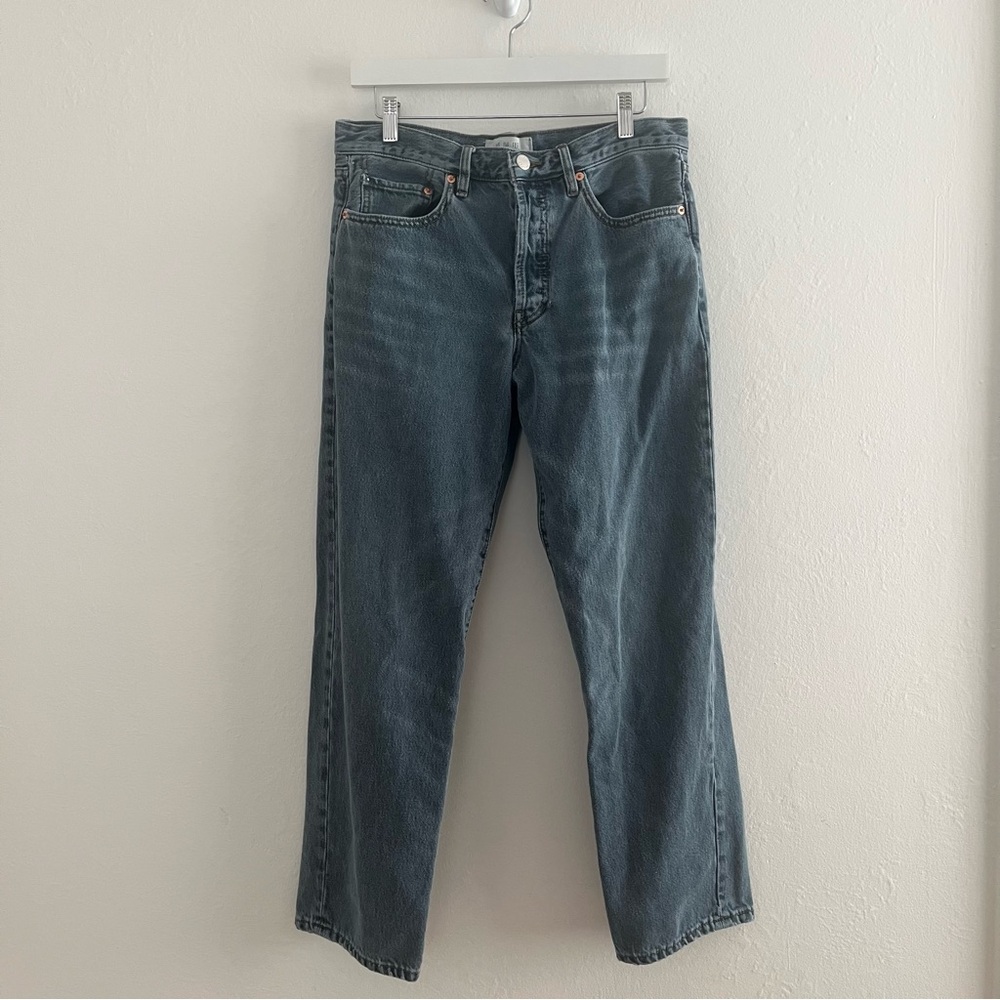 We The Free High Rise Button Fly Jeans Sz 28 straight leg blue dark wash denim